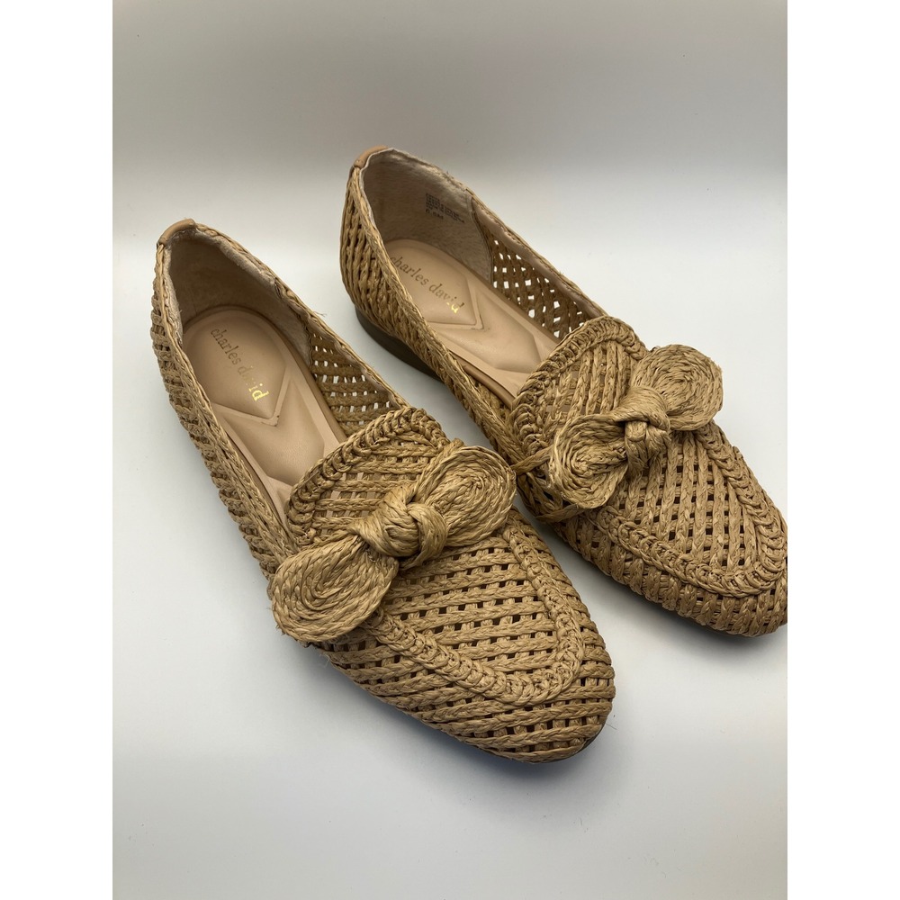 Charles David Finite Raffia Woven Loafer Flats with Bow Detail - Size 8.5M